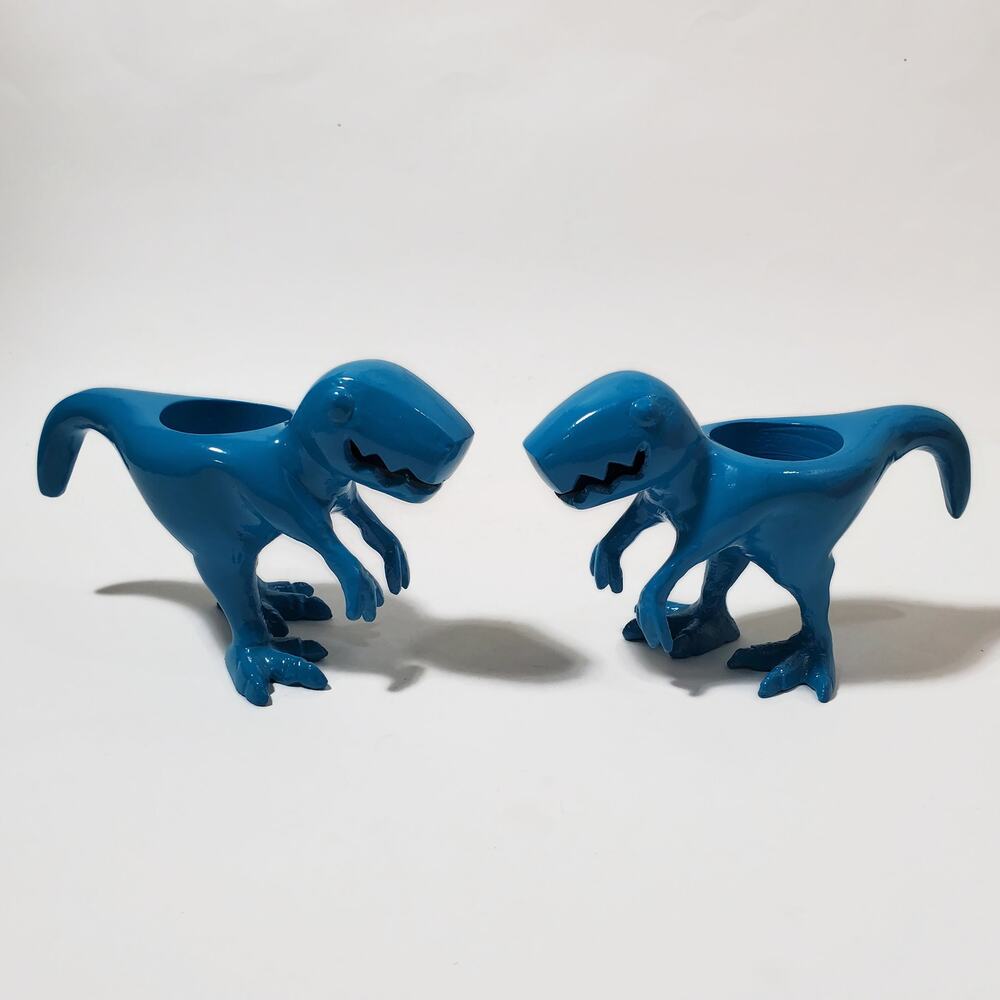 Blue Metal T-Rex Dinosaur Votive Candle Holders Set of 2